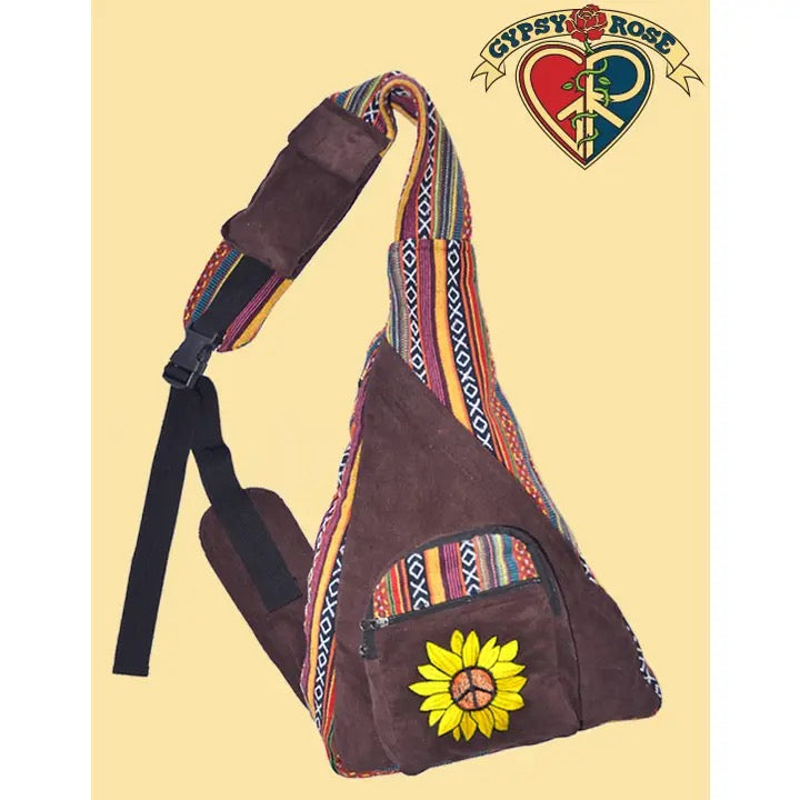 Peace Sunflower Emb'd Corduroy Gheri Sling Backpack