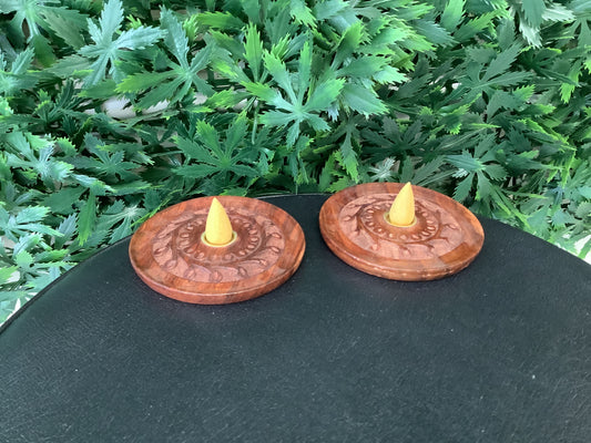 4"  Round Carved Wood Incense Burner