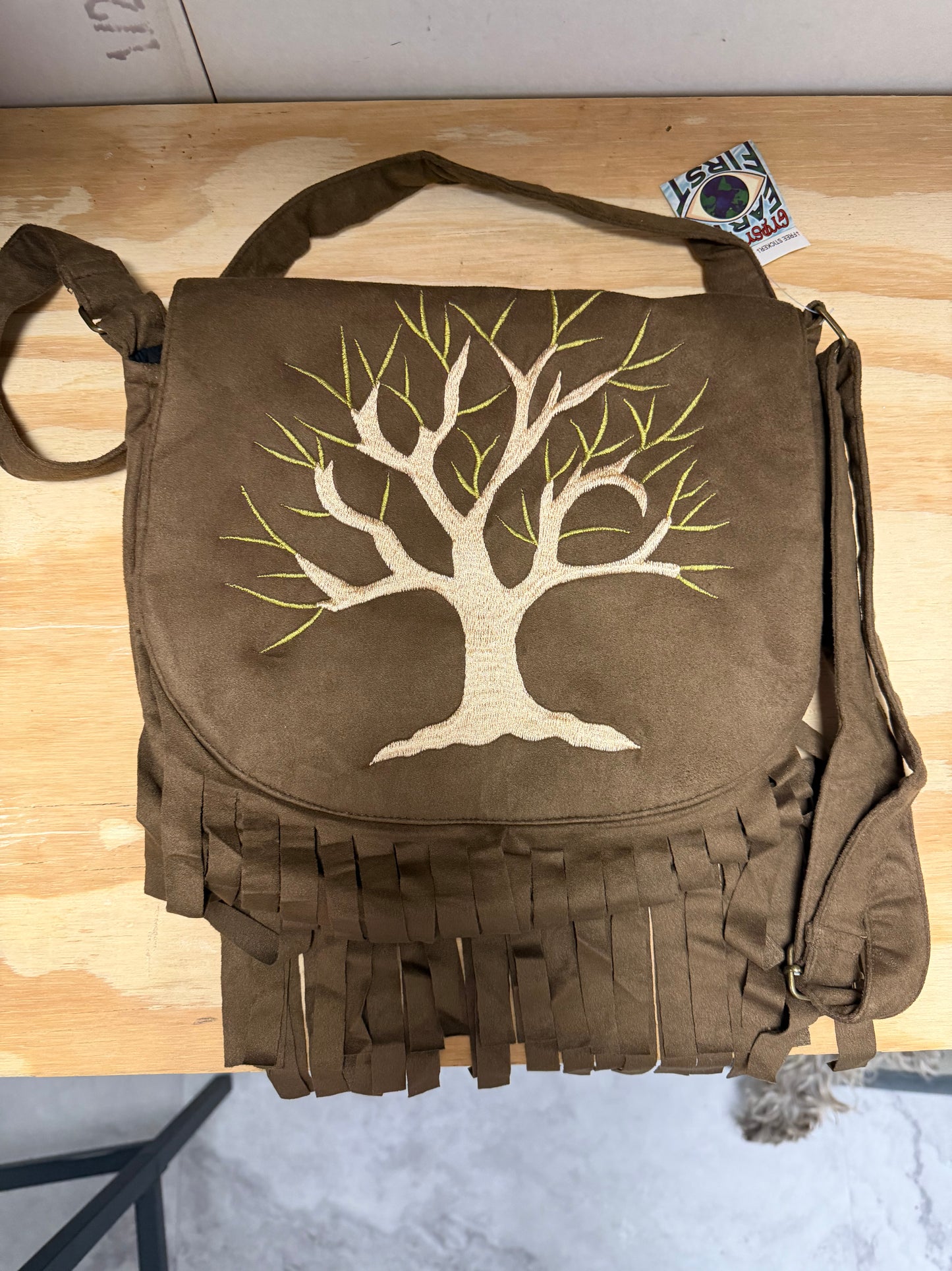 Vegan Chic Pseudo Suede Fringe Sacred Tree Emb'd Cross Body Bag