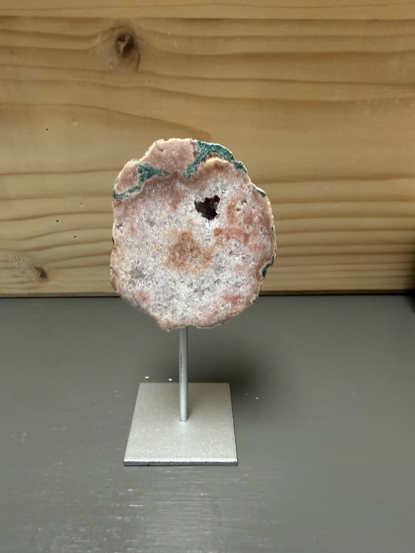Pink Druzy Agate Slice on Stand